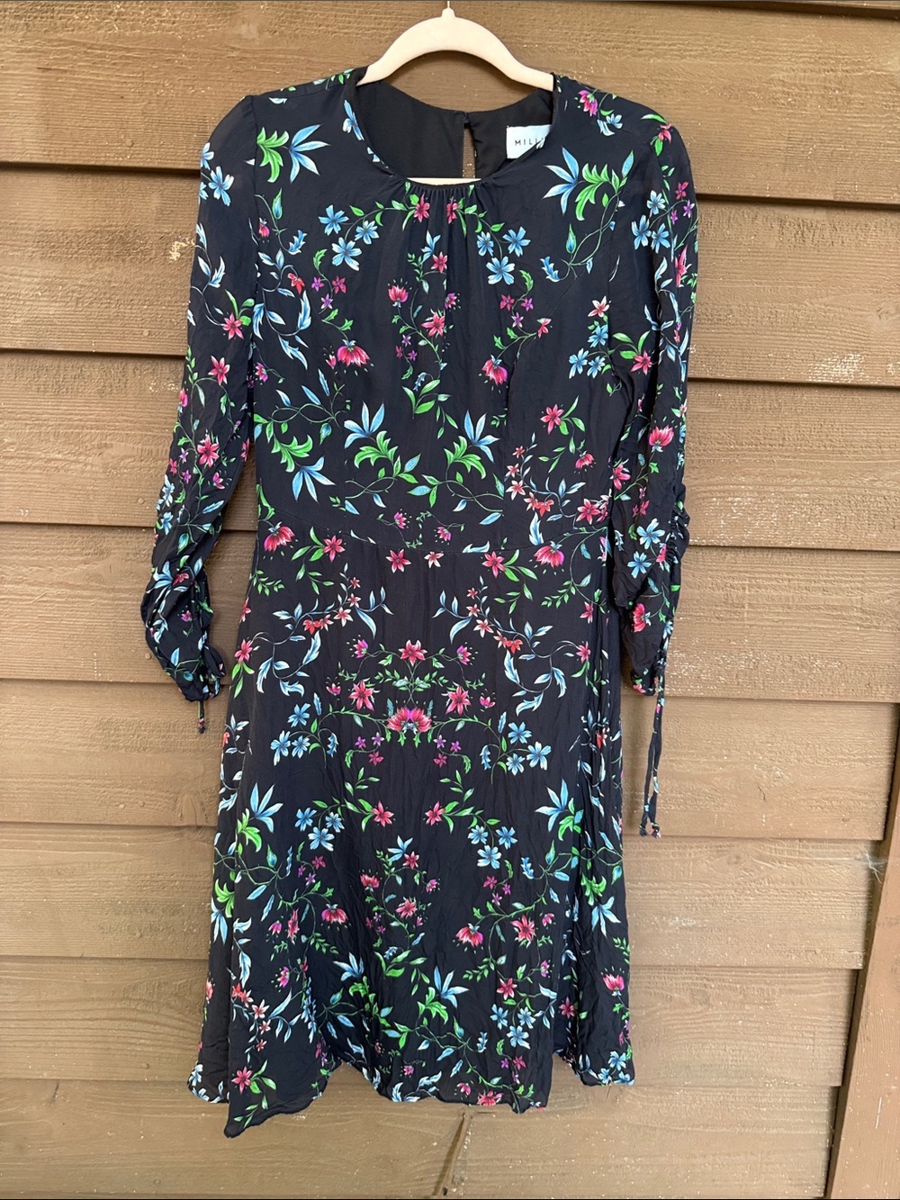 Milly Black Floral Long Sleeve Dress with Green & Blue Accents size 8